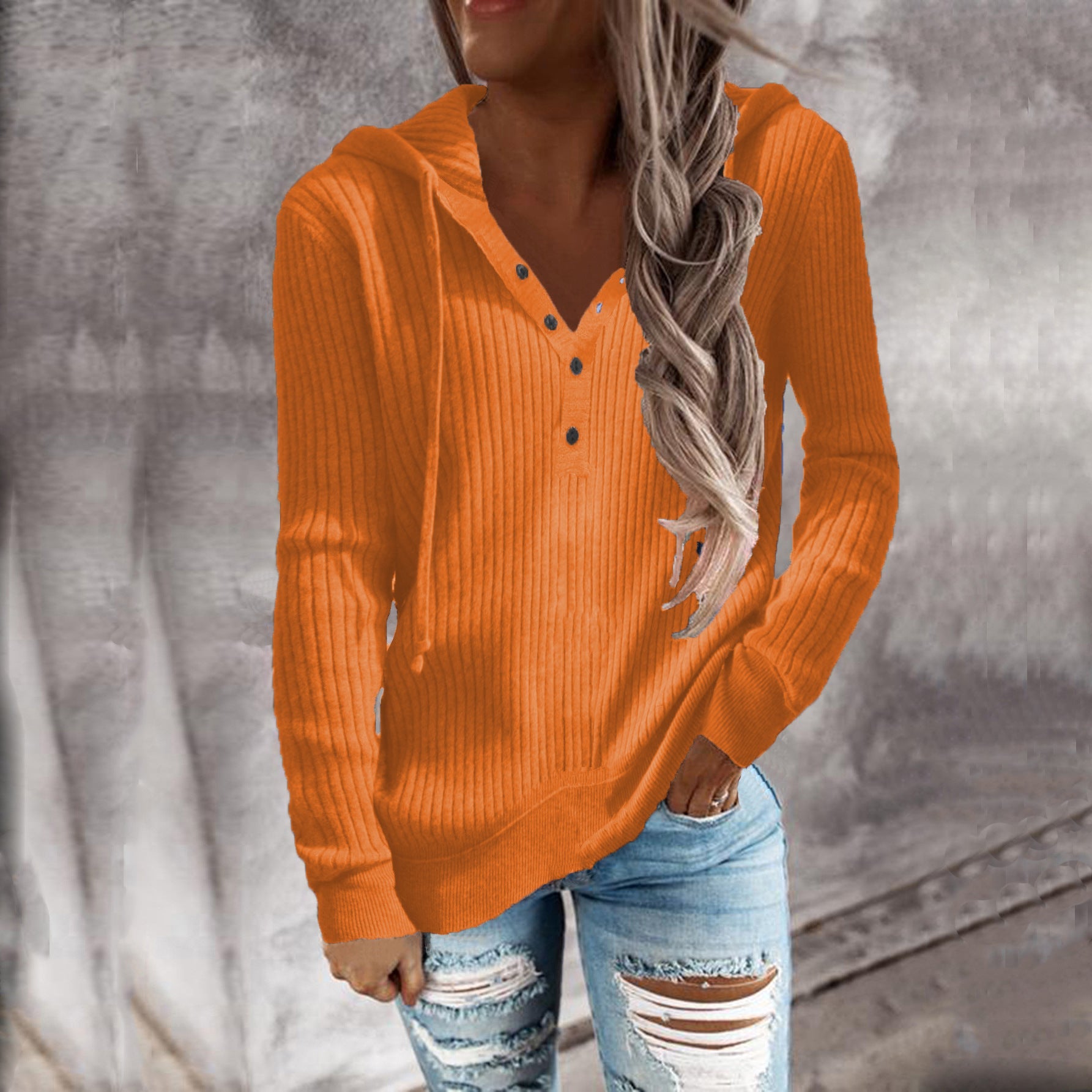 Damen Kapuzenpullover mit feinem Rippstrick und Knopfleiste WW