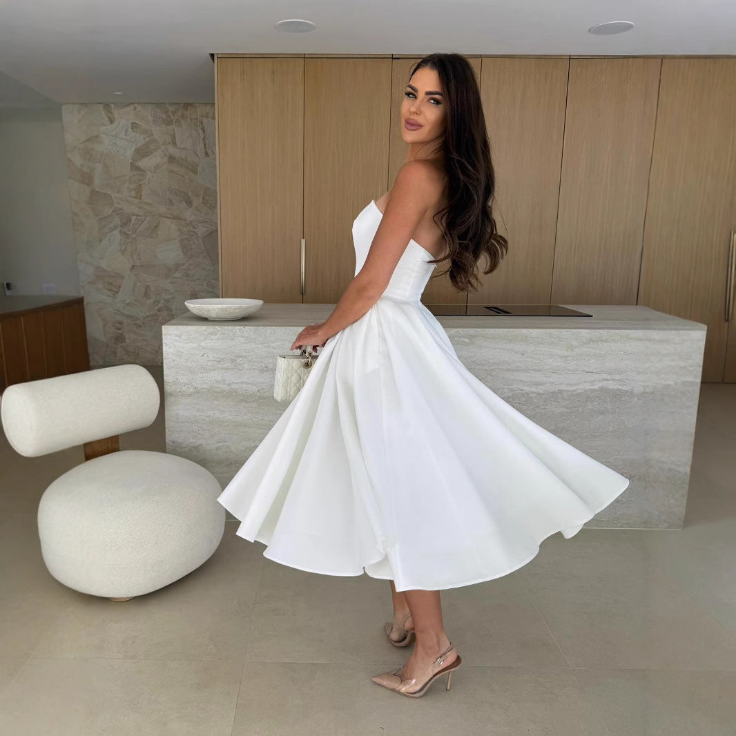 Damen A-linien Cocktailkleid mit trägerlosem Schnitt und schwingendem Rock WW