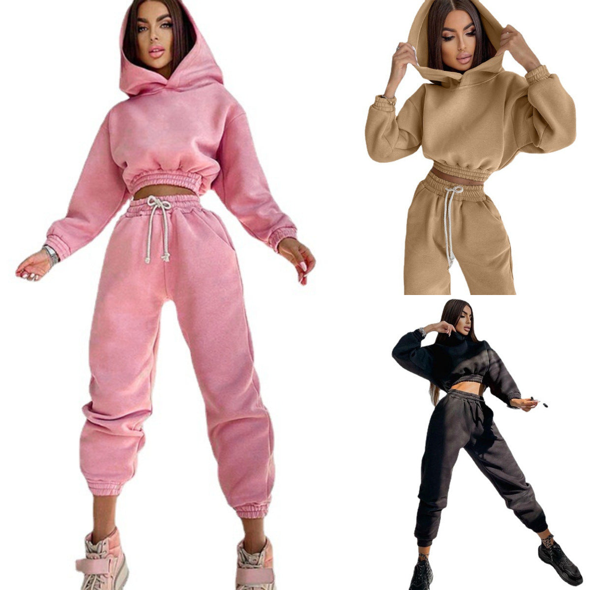 Damen modisches Set aus lässigem Hoodie mit elastischem Bund und Freizeit-Hose WW