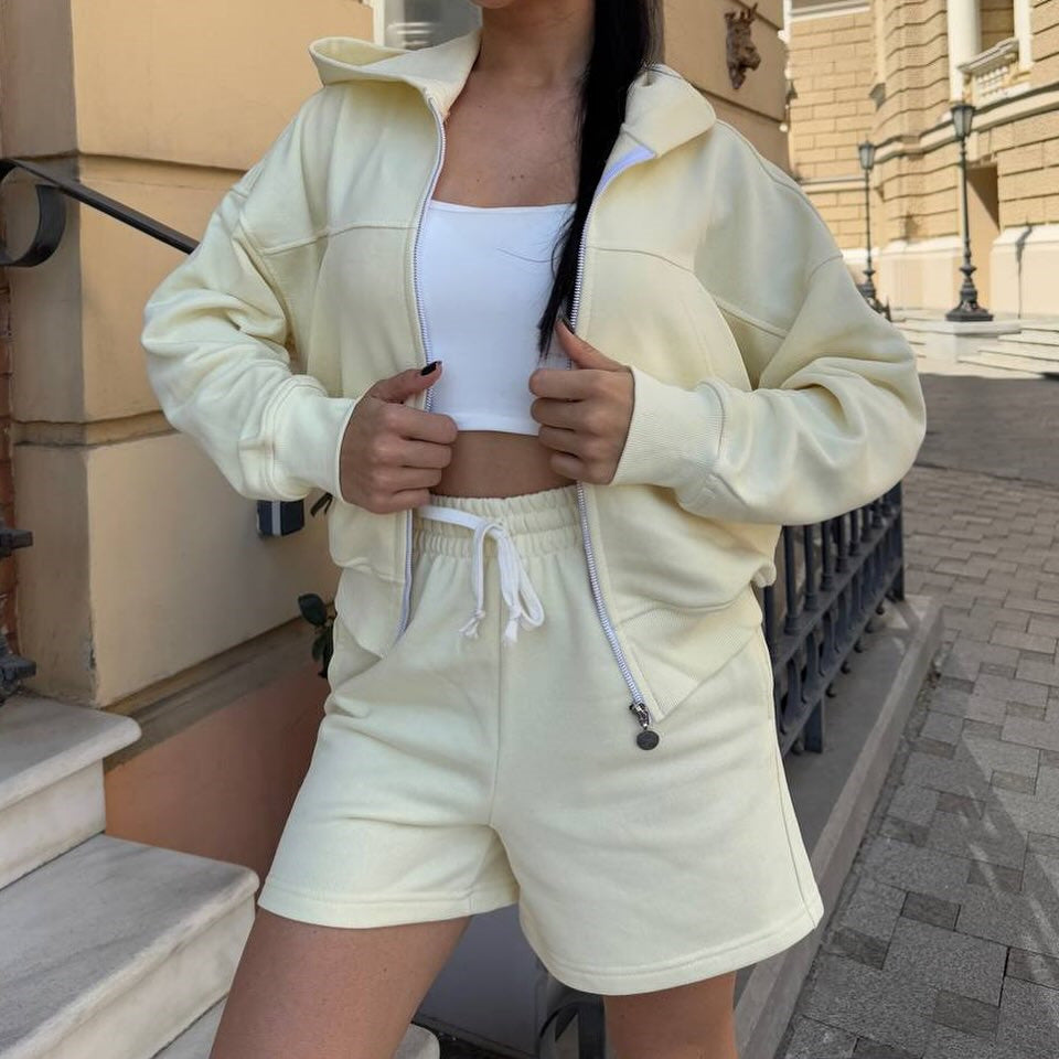 Damen lässiges Cropped Hoodie- und Shorts-Set mit praktischen Kordelzügen WW