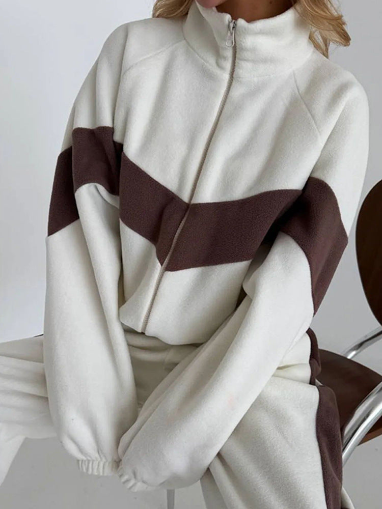 Damen sportliches Fleece-Set mit Reißverschluss und kontrastierenden Seiteneinsätzen WW