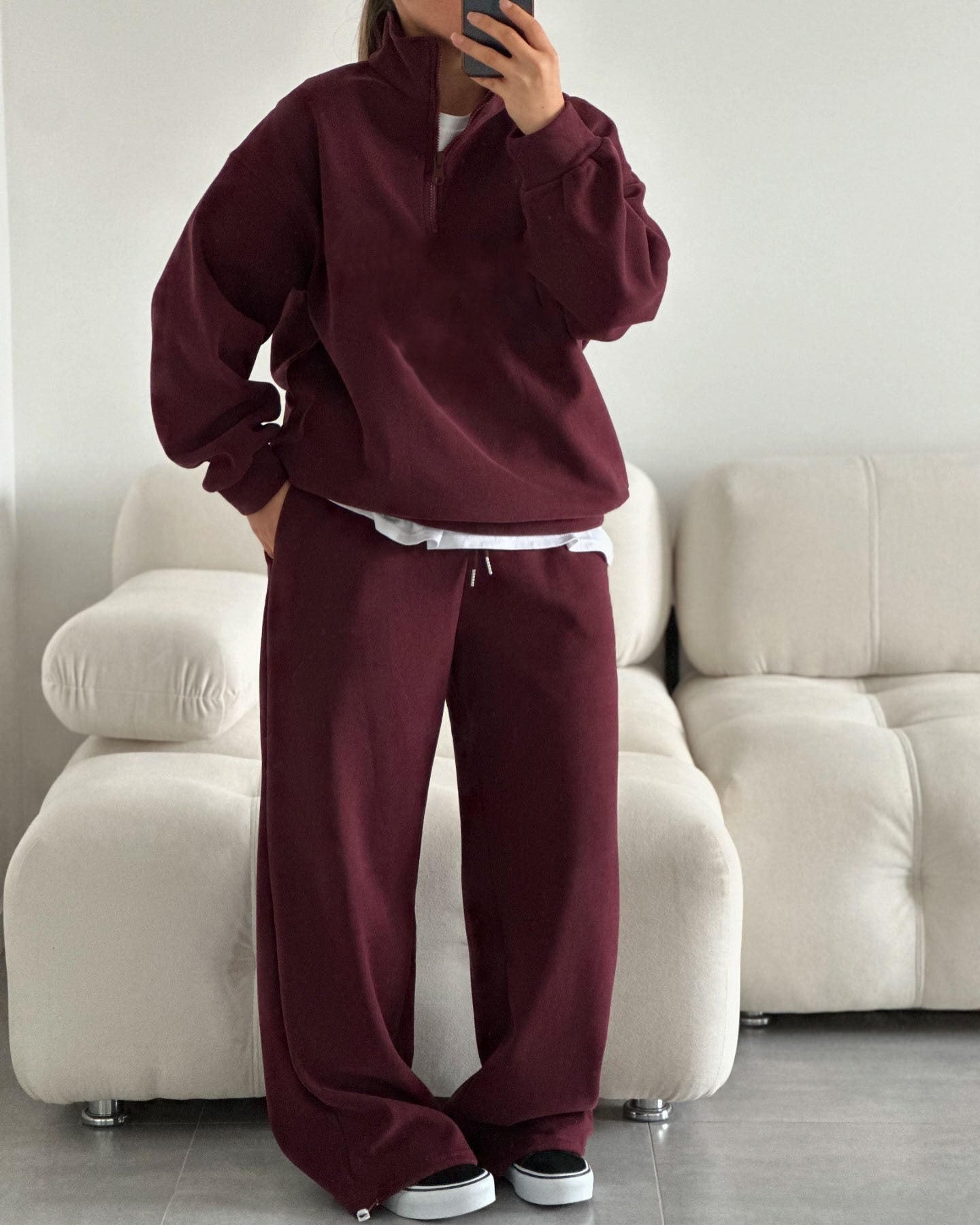 Damen gemütliches Fleece-Loungewear-Set mit Stehkragen und Reißverschluss WW