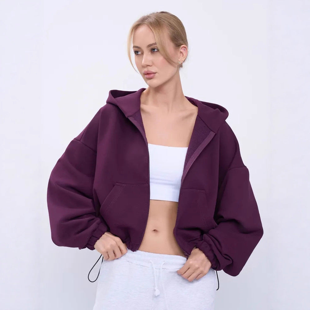 Damen lässiger Kapuzenpullover mit elastischem Bund und tiefem Reißverschluss WW