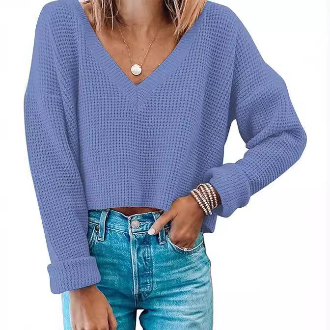 Damen modischer V-Ausschnitt Pullover im Waffelstrick WW