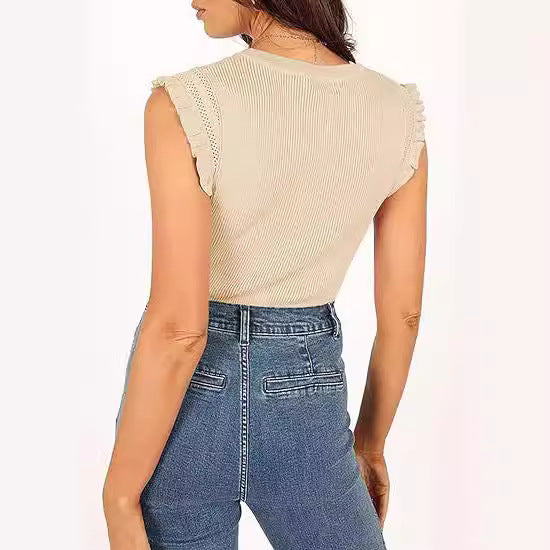Damen figurbetontes Ripp-Shirt mit Rüschen WW