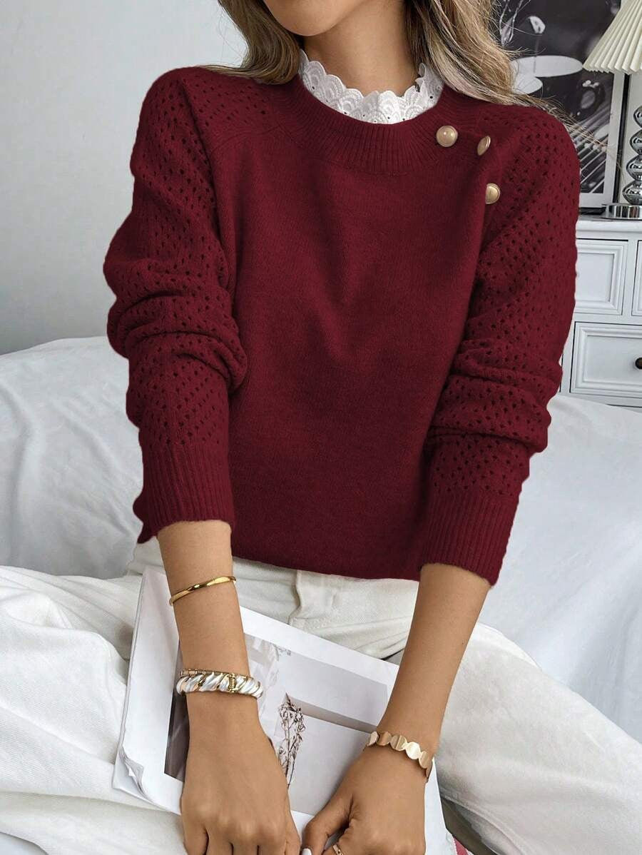 Damen Strickpullover mit dekorativen Knopfdetails und Lochmuster WW