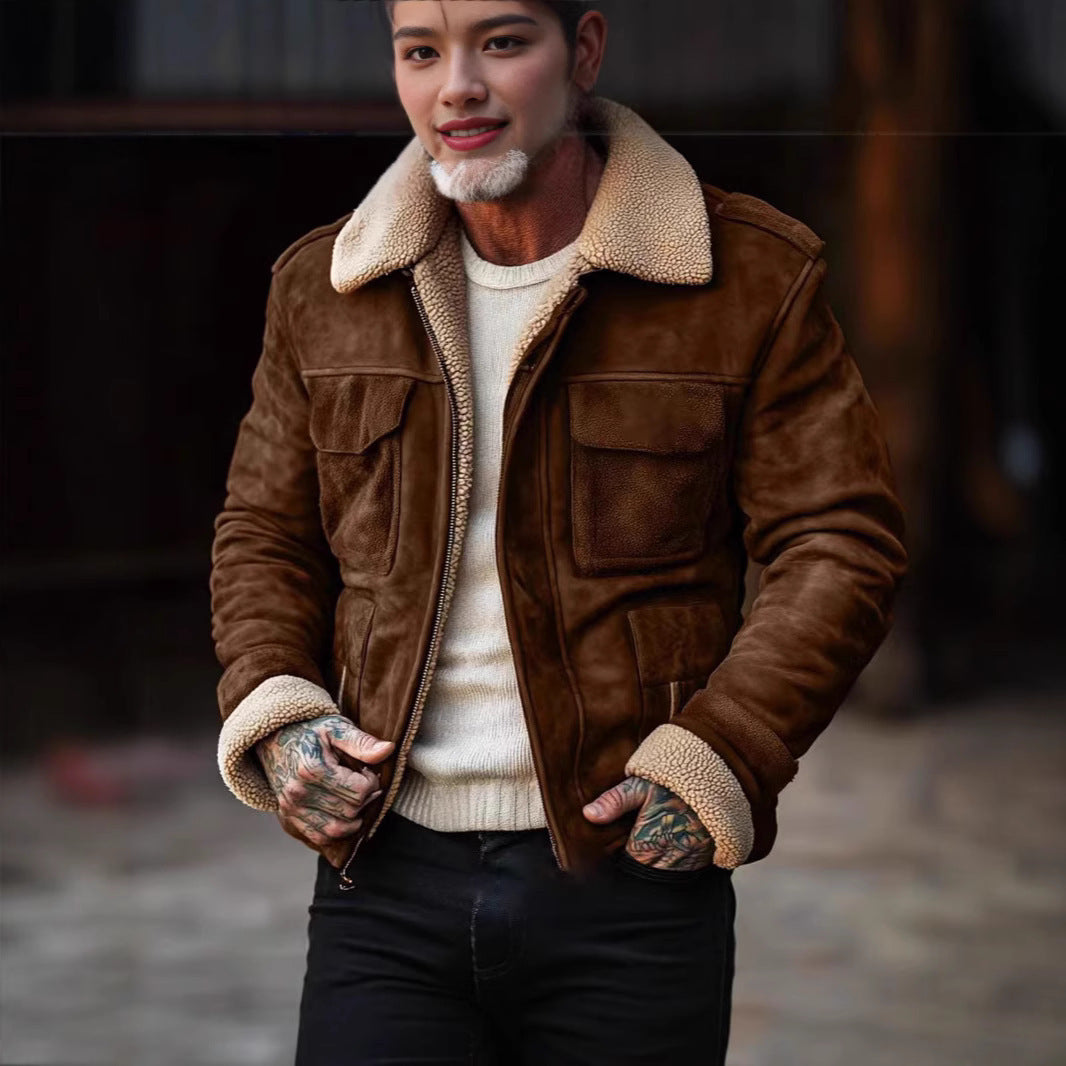 Herren Lederjacke im Vintage-Stil mit Kunstfellkragen und mehreren Taschen WW