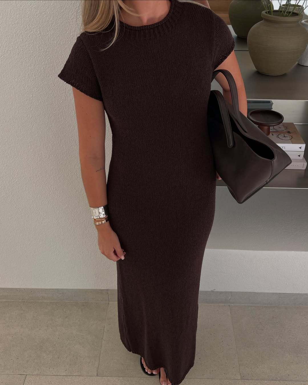 Damen Maxikleid mit strukturiertem Strickmuster und leichtem Gewicht WW