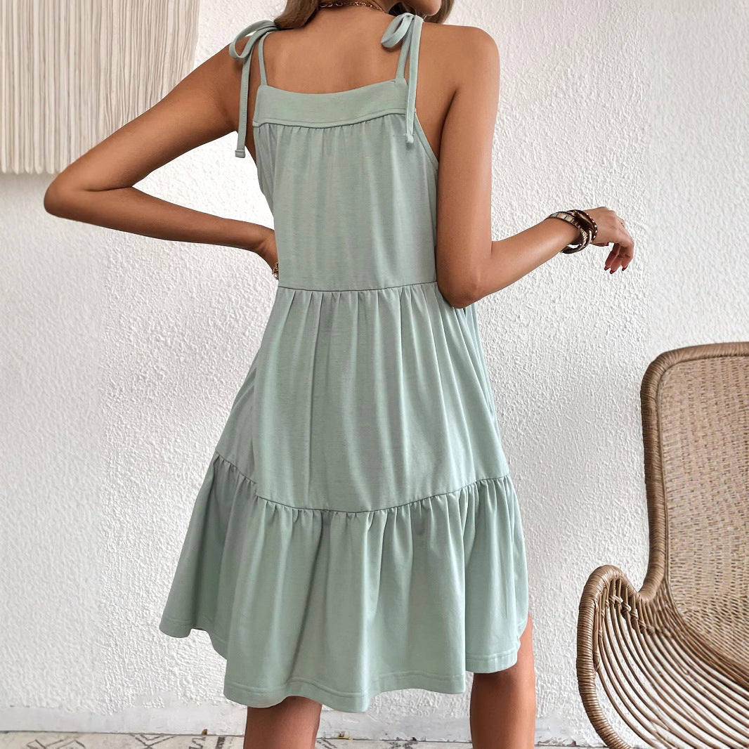 Damen luftiges Sommerkleid mit dekorativen Schulterträgern und voluminösem Saum WW