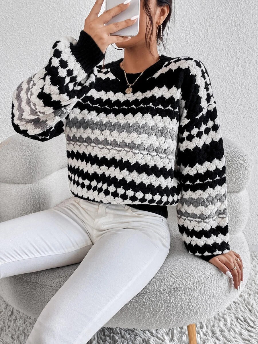 Damen Strickpullover mit kreativem Lochmuster und modischen Farbakzenten WW