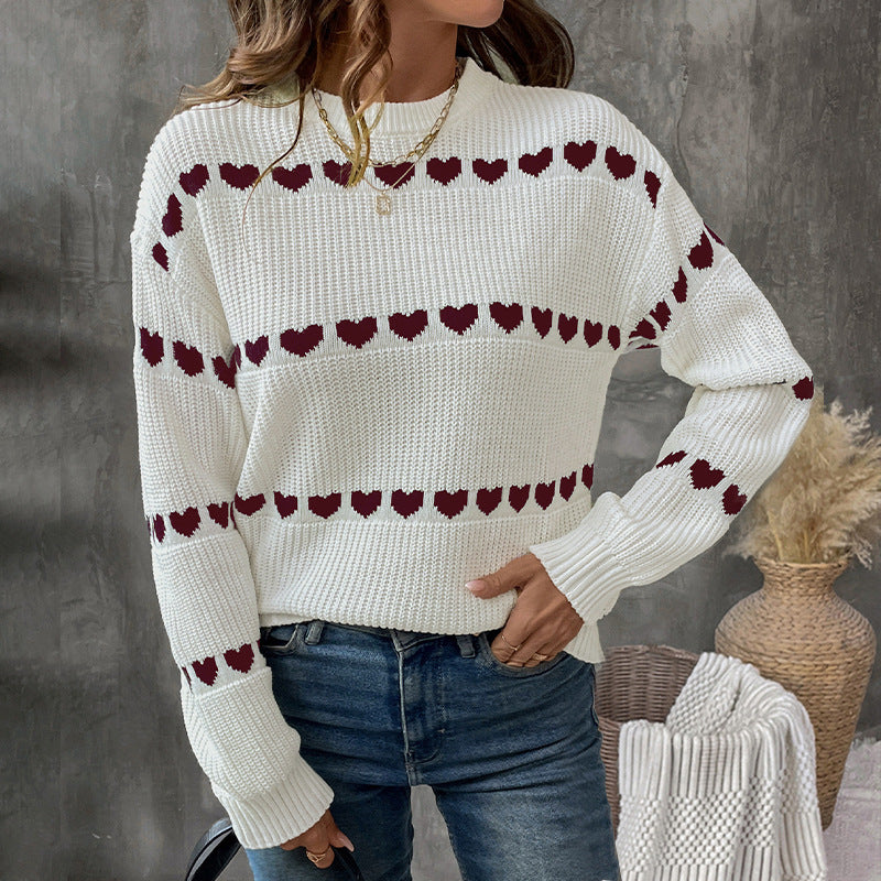 Damen lässiger Strickpullover mit Herzenmuster und lockerem Schnitt WW