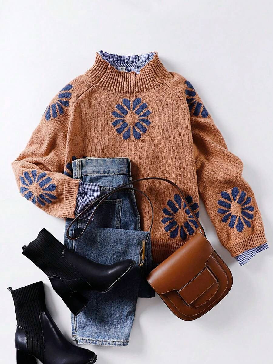 Damen Strickpullover mit floralem Motiv und modernem Rundhalsausschnitt WW