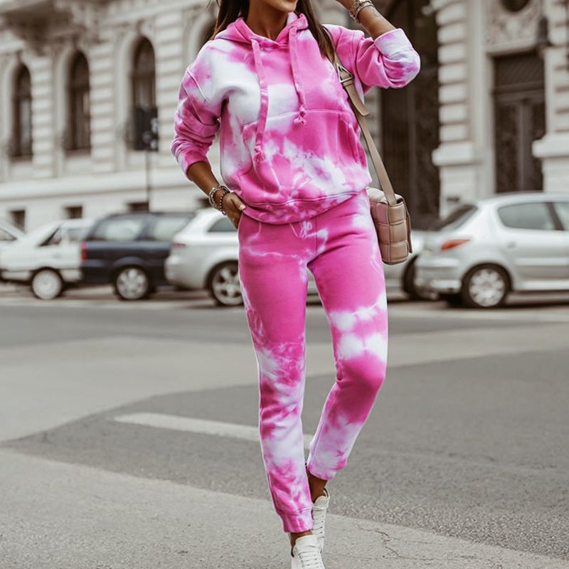 Damen lässiges Kapuzen-Sweatpants-Set im Batikdesign WW