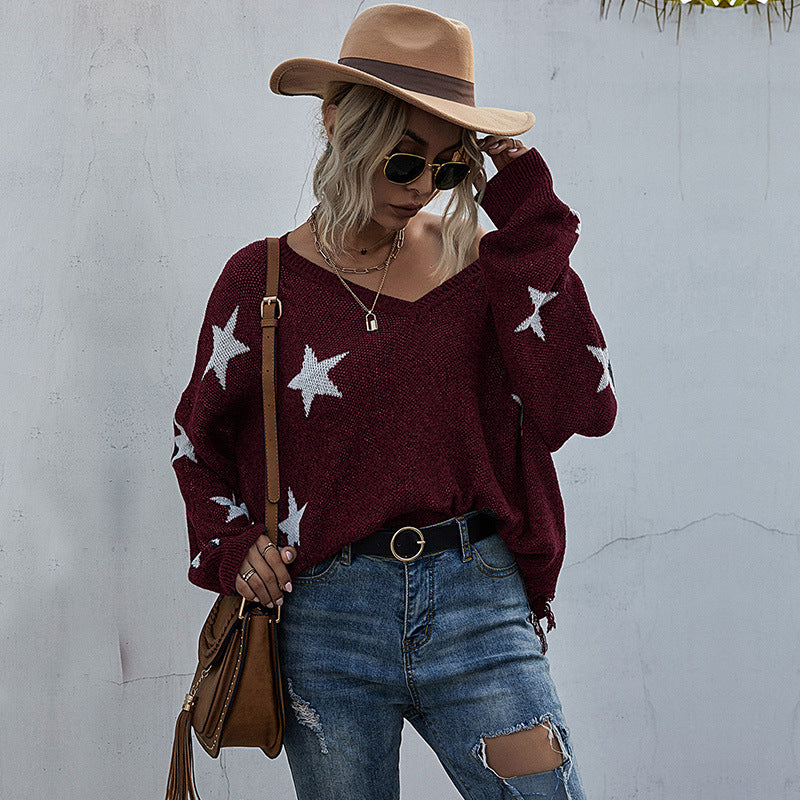 Damen lässiger Strickpullover mit asymmetrischem Schnitt und Sternenmuster WW
