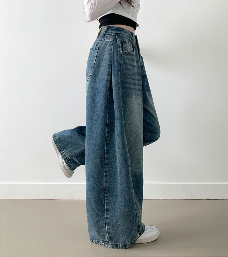 Damen Weite High-Waist Denim-Hose mit Faltenwurf WW