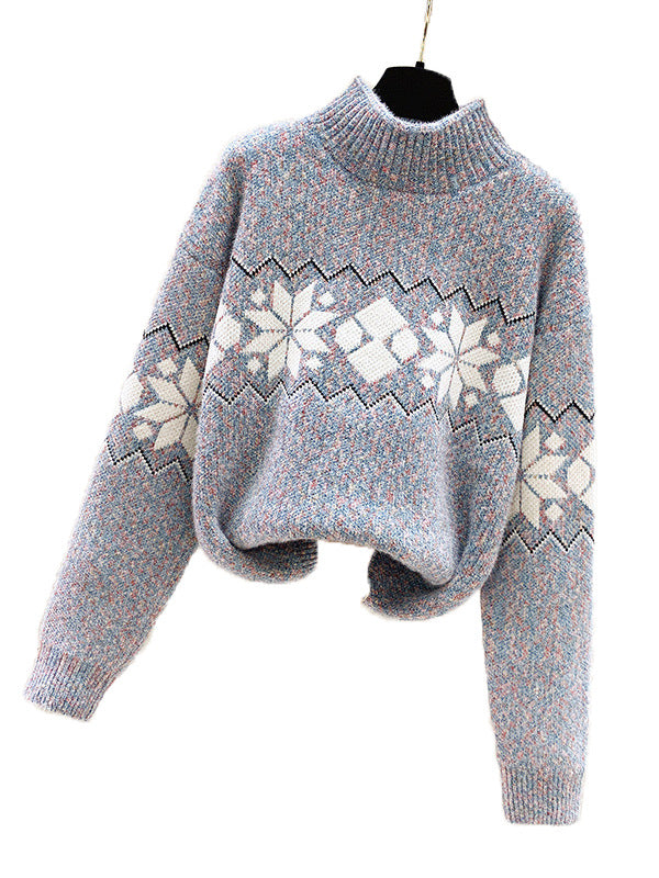 Damen kuscheliger Pullover mit hochgelegtem Kragen und winterlichem Motiv WW