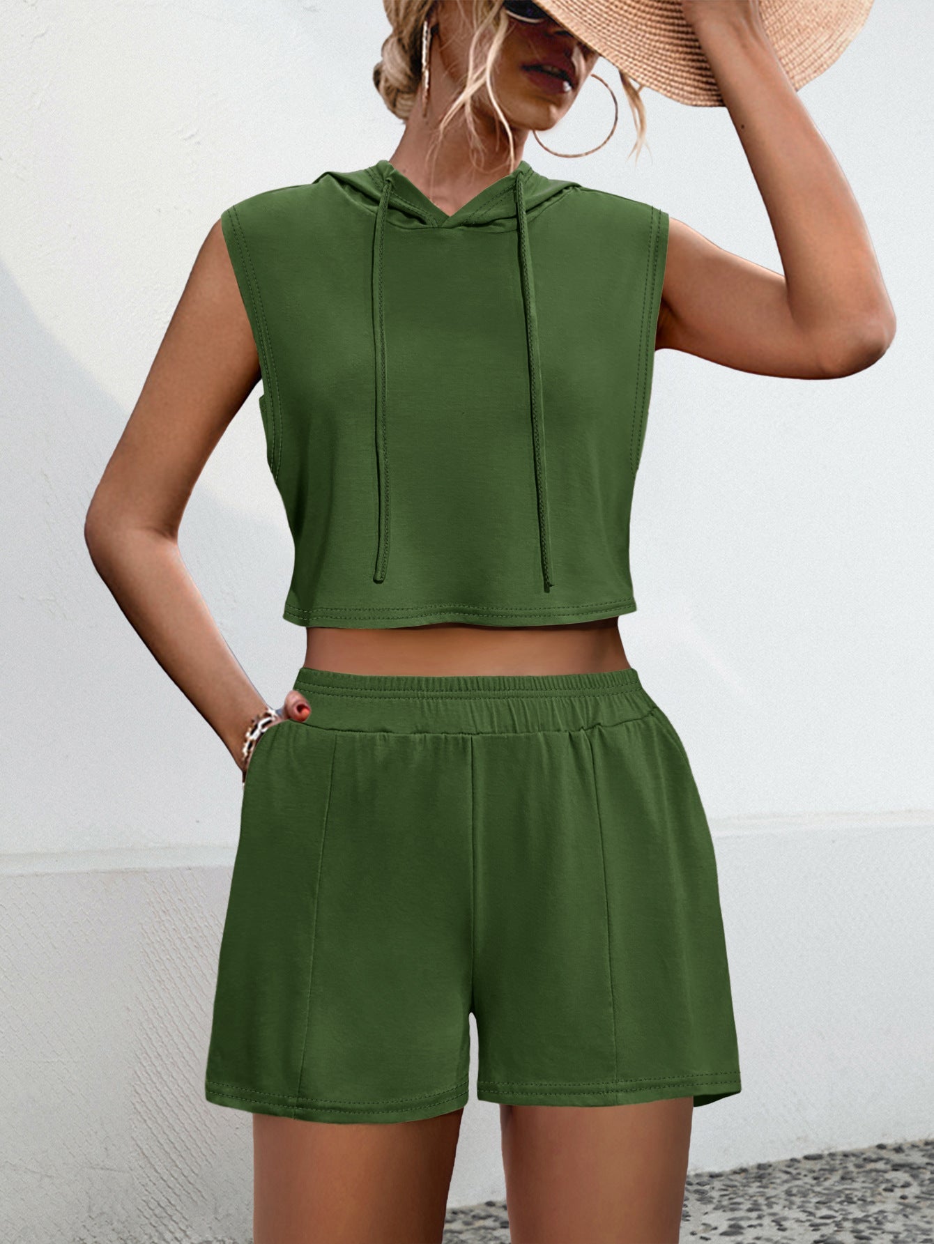 Damen lässiges Hoodie-Shorts-Set mit elastischem Bund und lockerer Passform WW