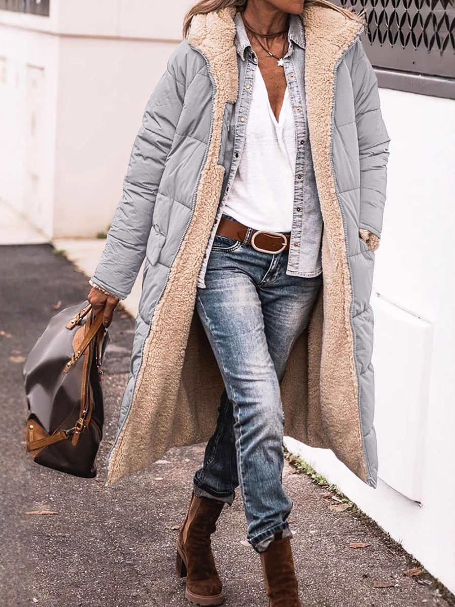 Damen lange Steppjacke mit kuscheligem Teddyfutter und großem Revers WW