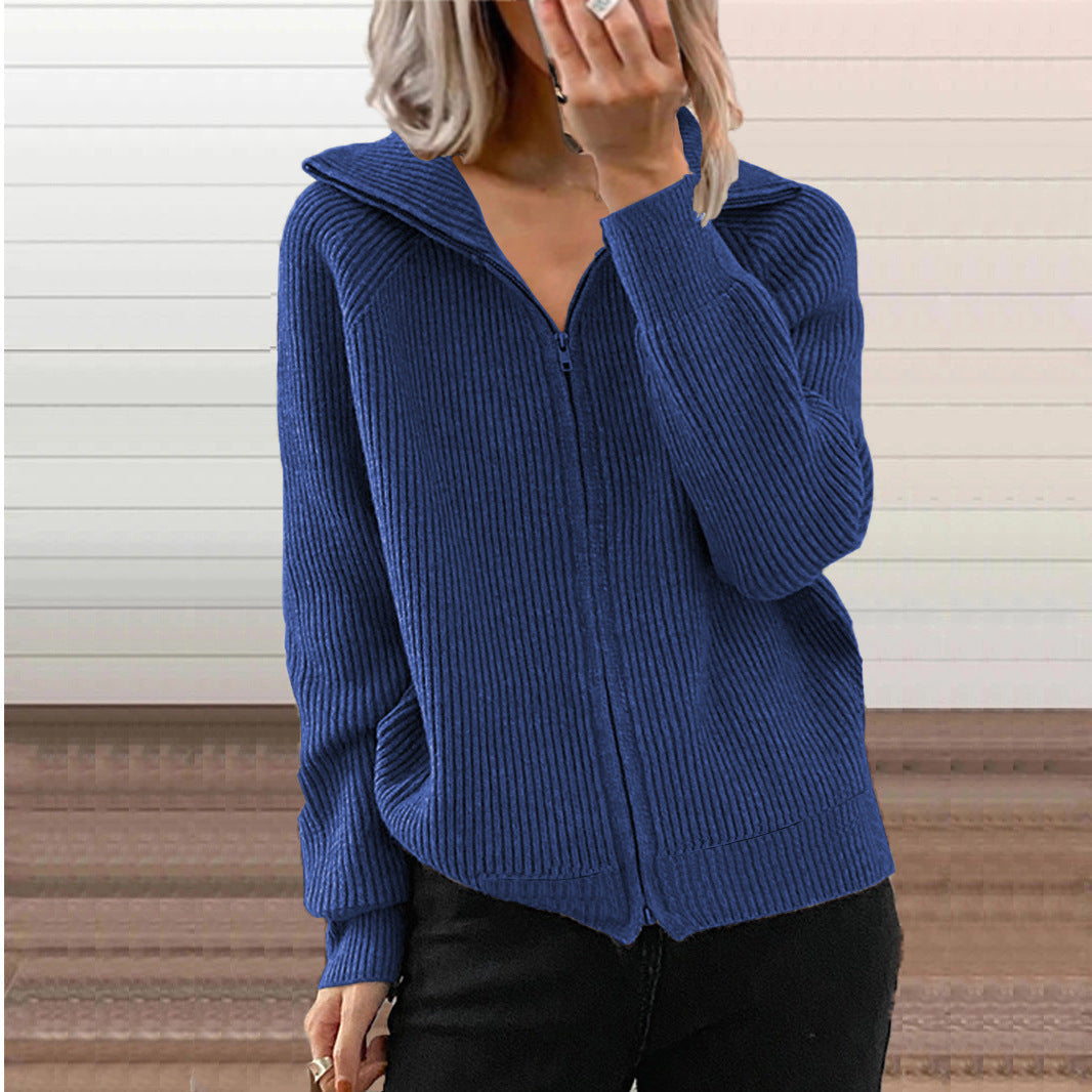 Damen bequeme Strickjacke mit hohem Kragen und durchgehendem Reißverschluss WW