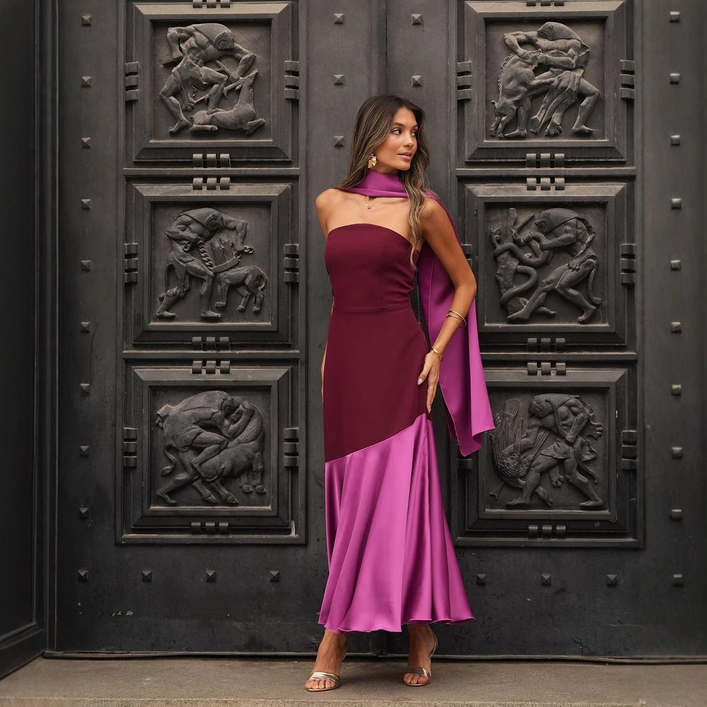 Damen Abendkleid mit asymmetrischem Schnitt und elegantem Überwurf WW