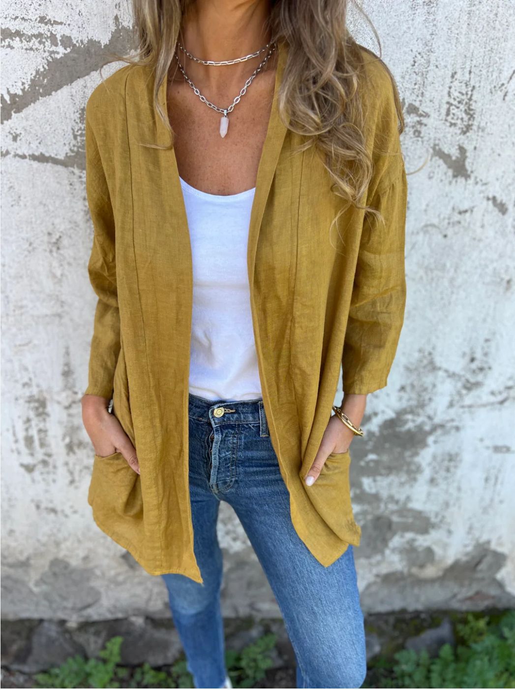 Damen luftige Leinenjacke mit offenem Schnitt und langen Ärmeln WW