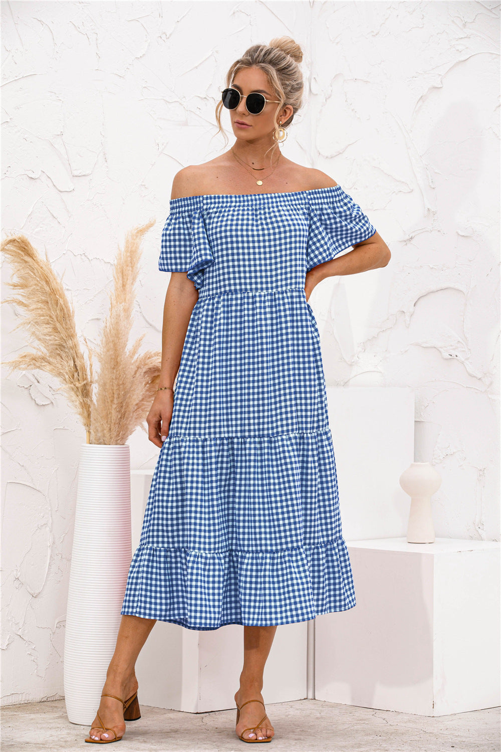 Damen Off-Shoulder Maxi-Kleid mit Rüschendetails und Karo-Muster WW