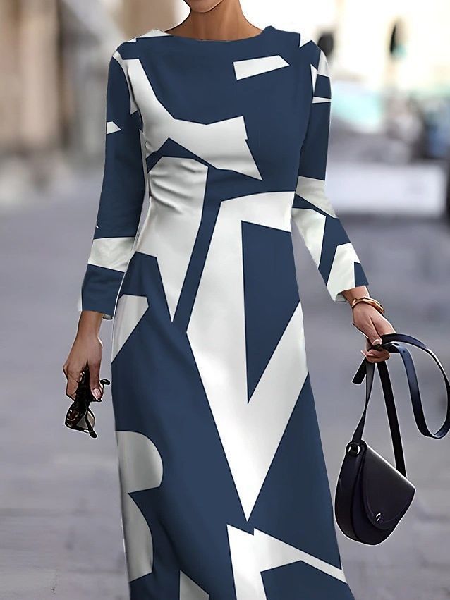 Damen Langarm Maxikleid mit modernem geometrischem Muster und ausgefallenem Design WW