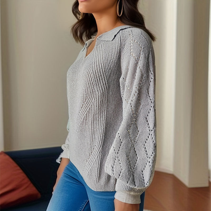 Damen Strickpullover mit V-Ausschnitt und Ballonärmeln WW