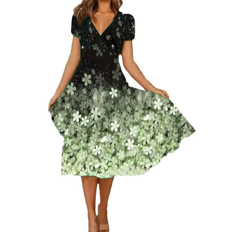 Damen A-Linie Sommerkleid mit V-Ausschnitt und floralen Akzenten WW