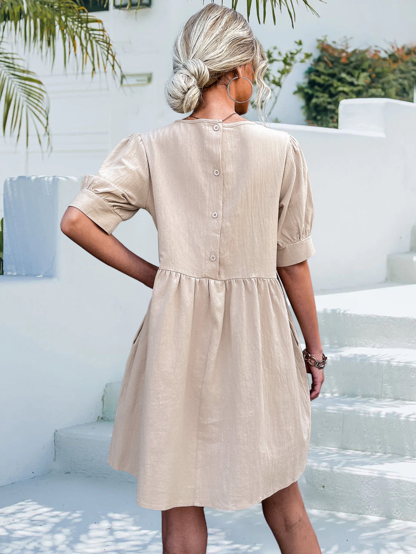 Damen A-Linien Kleid mit Puffärmeln und Rundhalsausschnitt WW