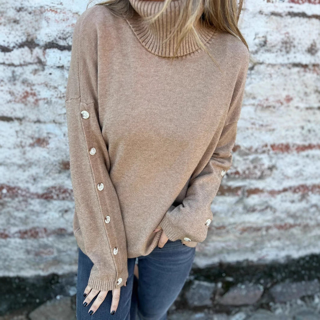 Damen weicher Rollkragenpullover mit modischen Knopfdetails WW