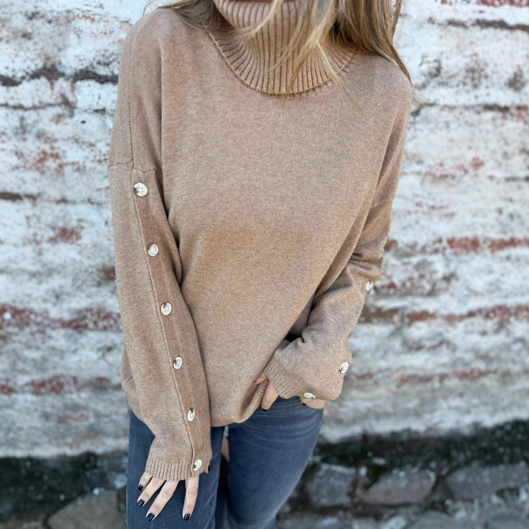 Damen weicher Rollkragenpullover mit modischen Knopfdetails WW