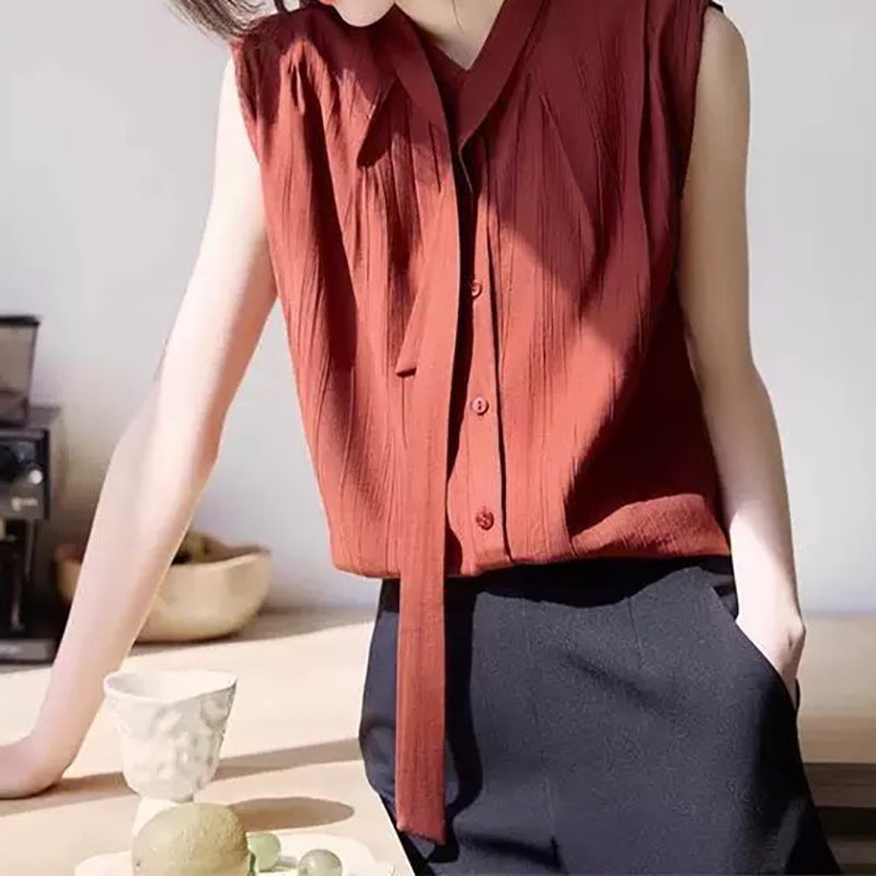 Damen ärmellose Schleifen-Hals-Bluse WW