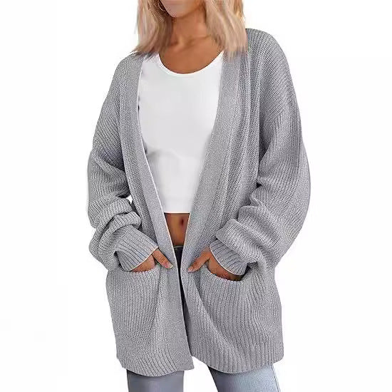 Damen Grobstrick Cardigan mit offenem Schnitt und praktischen Taschen WW