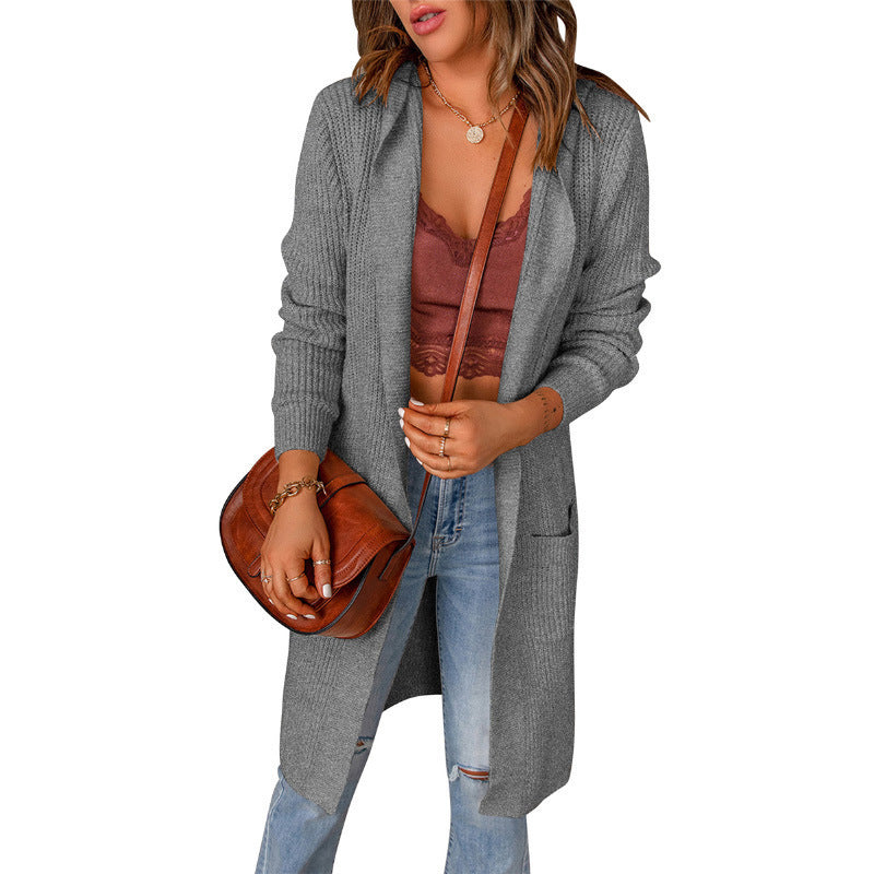 Damen lange Strickjacke mit offenen Kanten und Taschen WW