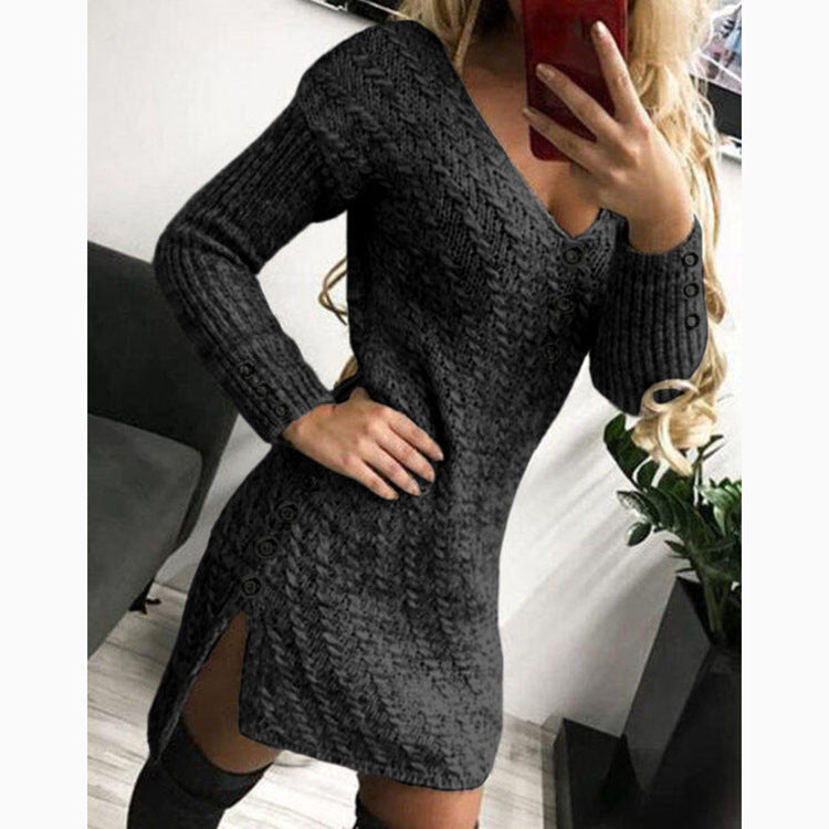 Damen Strickkleid mit V-Ausschnitt und Knopfdetails WW