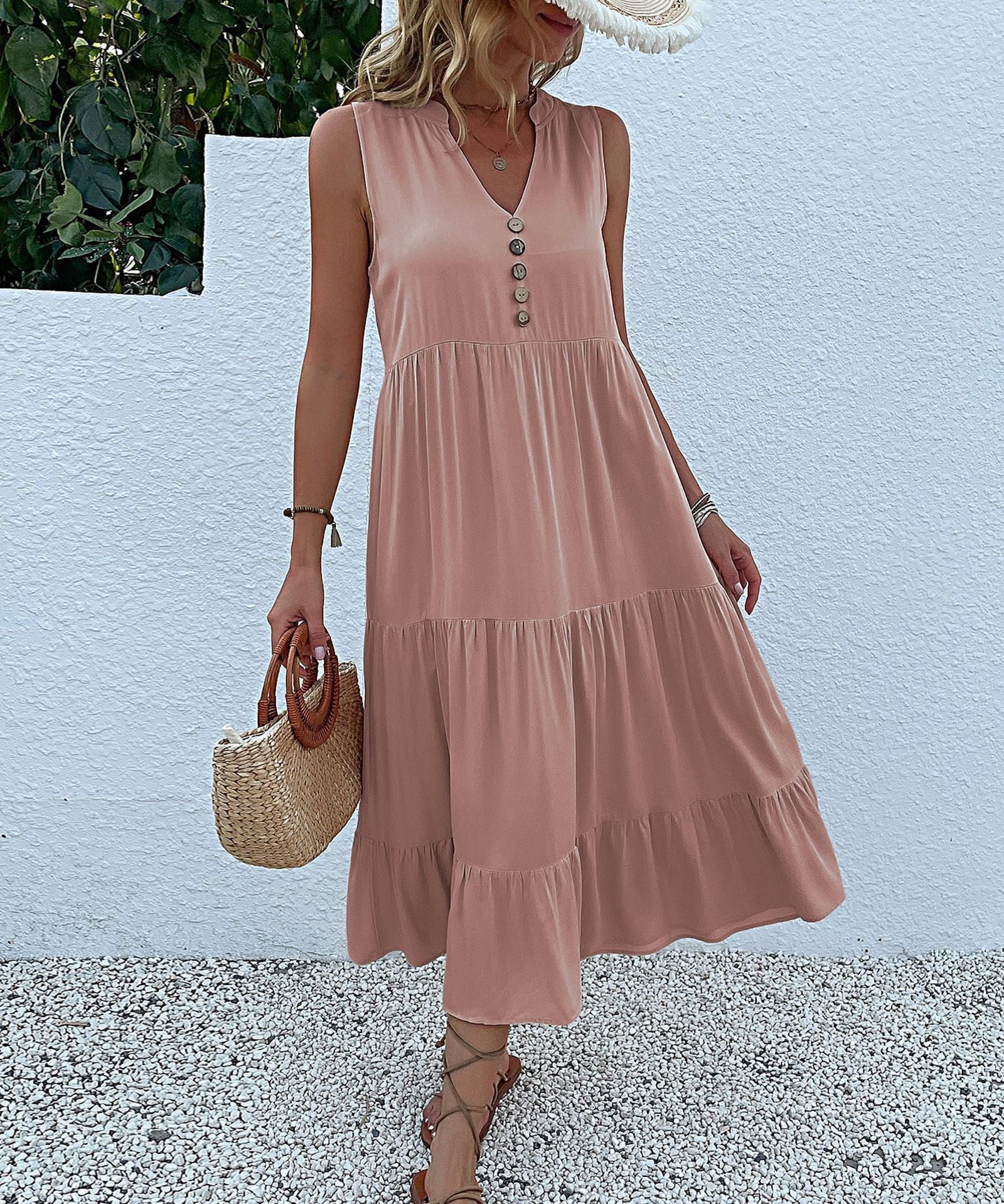 Damen Maxikleid mit Knopfdetail und voluminösem Rock WW