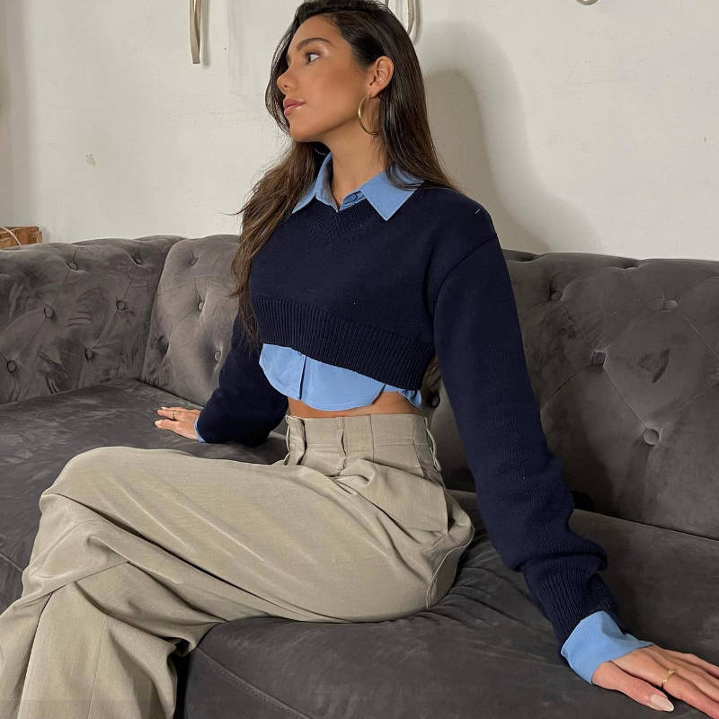 Damen Cropped Pullover mit V-Ausschnitt und langen Ärmeln WW
