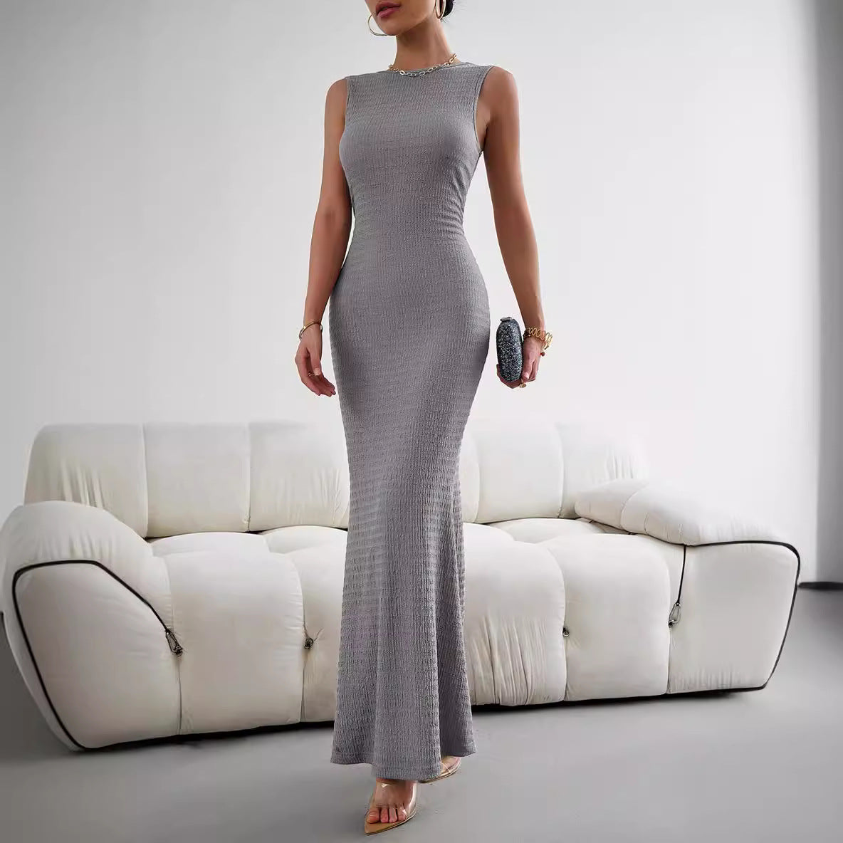 Damen figurbetontes Langarmkleid mit hohem Schlitz und elastischem Saum WW