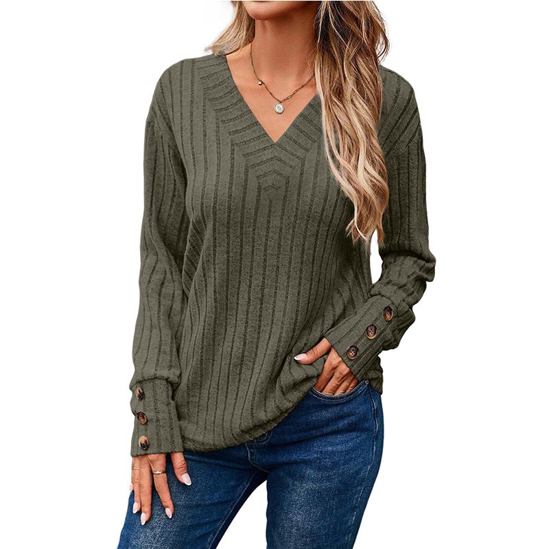 Damen V-Ausschnitt Knopf-Detail gestreifter Pullover WW