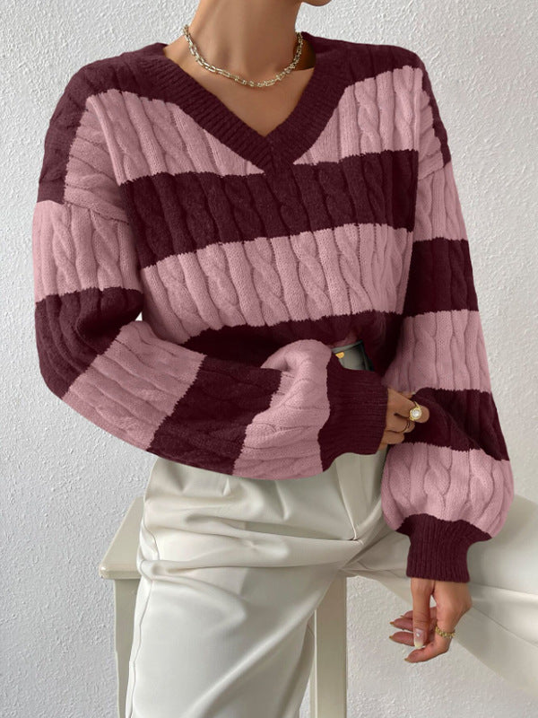Damen V-Ausschnitt Strickpullover mit Rippstruktur und langen Ärmeln WW