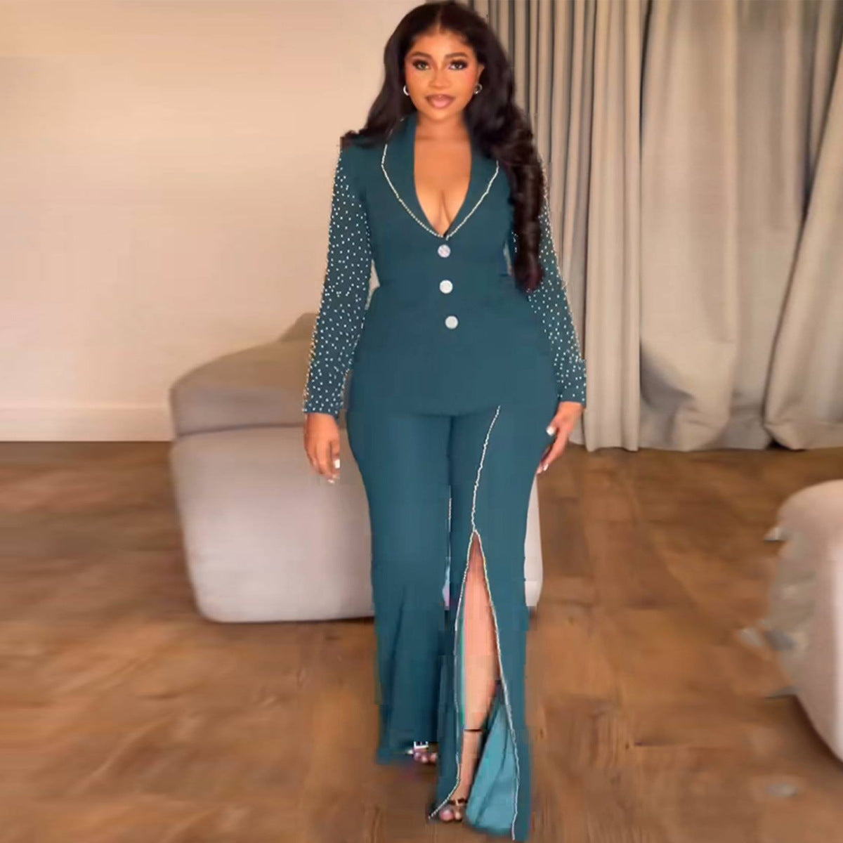 Damen Eleganter Anzug mit schimmernden Perlen und modernem Schlitz WW