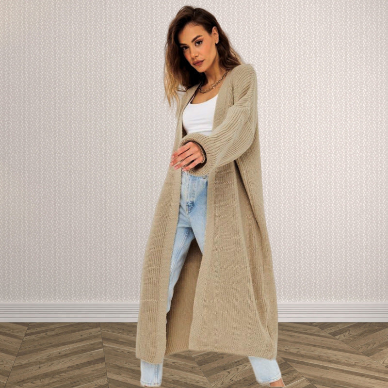 Damen Langer gestrickter Cardigan mit lässigem Schnitt und strukturierter Textur WW