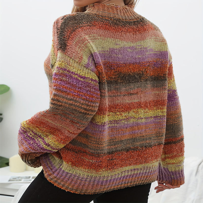 Damen Strickpullover mit buntem Wellenmuster und hohen Kragen WW