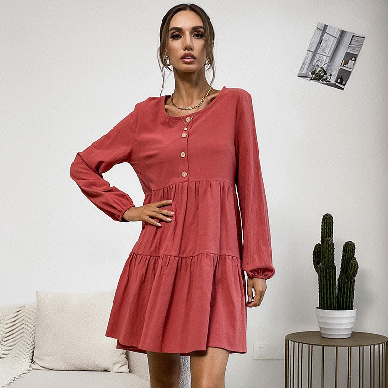 Damen Freizeitkleid mit Knopfdetails und voluminösem Rock WW