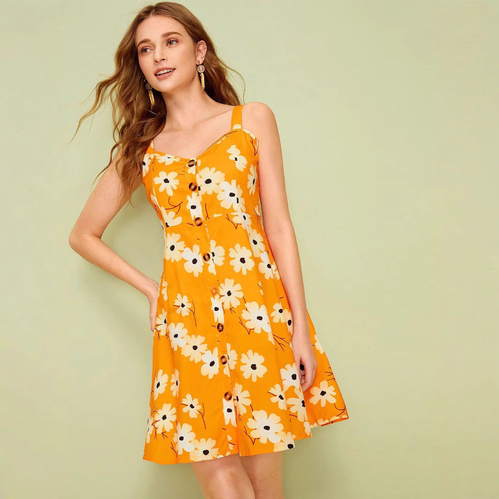 Damen Sommerkleid mit Blumenmuster und Knopfleiste WW