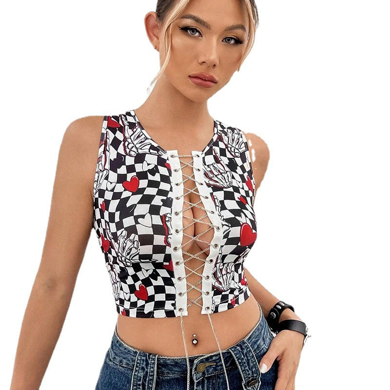 Damen Crop Top mit einzigartigem Schnürdesign und grafischem Muster WW
