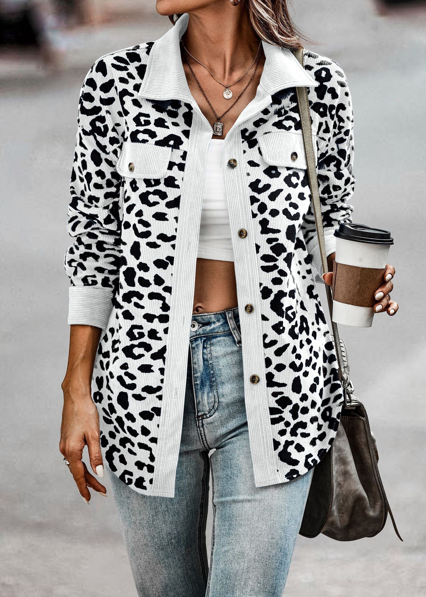 Damen Stilvolle Übergroße Leopardenmuster Jacke WW