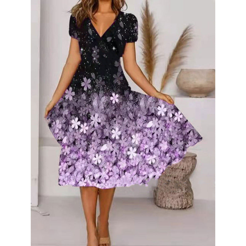 Damen A-Linie Sommerkleid mit V-Ausschnitt und floralen Akzenten WW