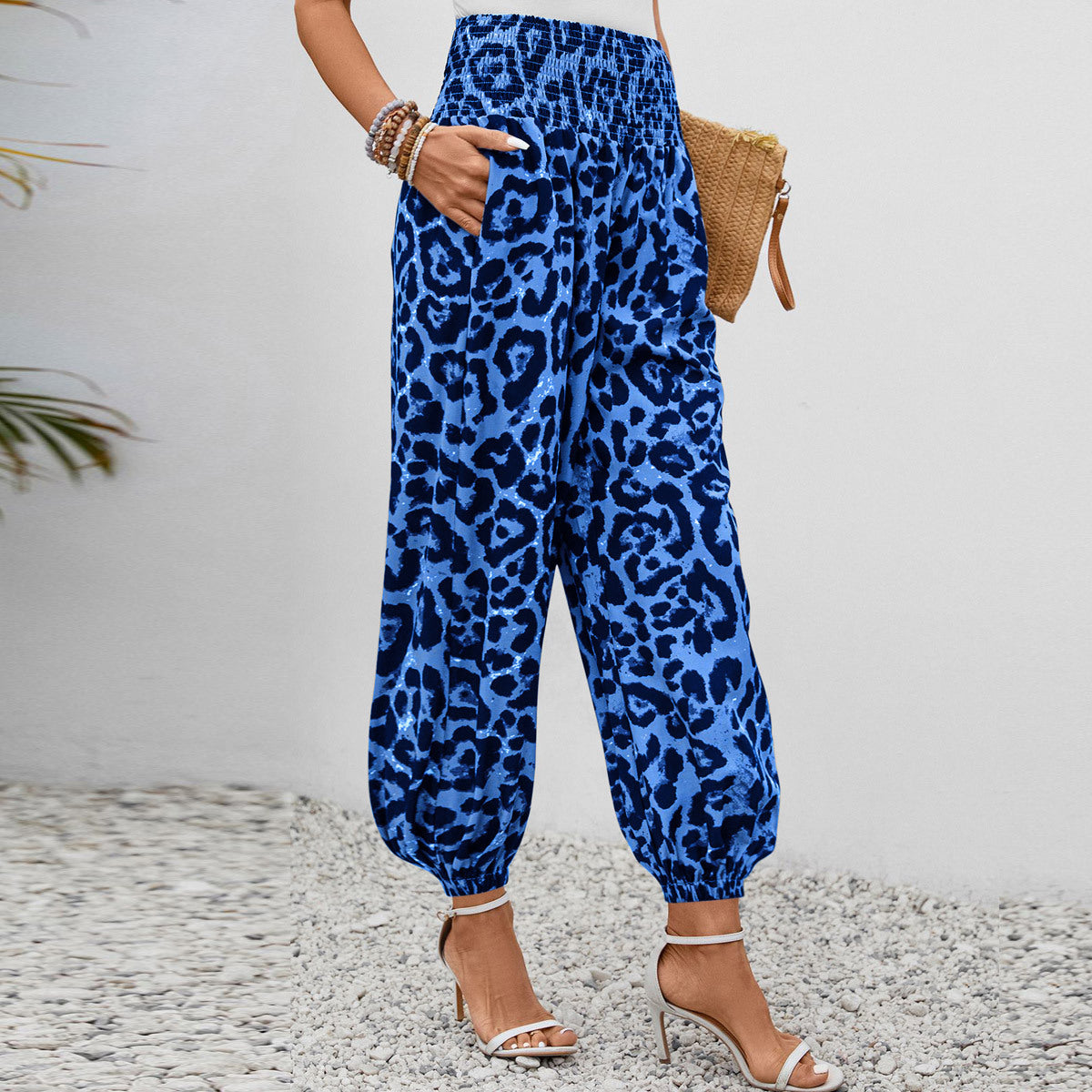 Damen Aladin-Hose mit elastischem Bund und modernem Leopardenmuster WW